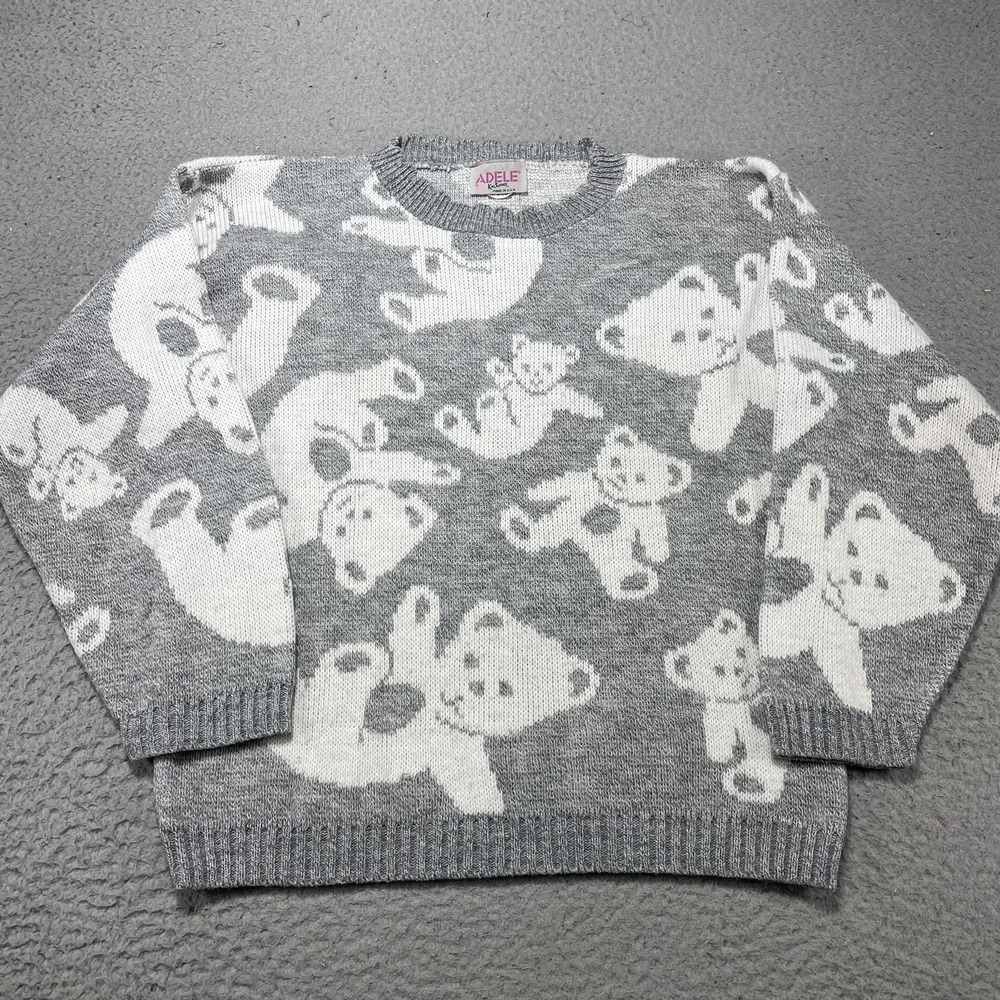 Vintage Adele Knitwear Sweater Womens Medium Gray Teddy Bear Crewneck‎ 80s USA
